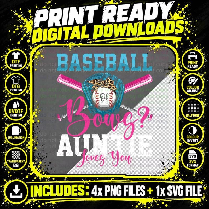 Baseball or Bows Auntie Loves You Gender Reveal T-Shirt Png SVG Digital Bundle