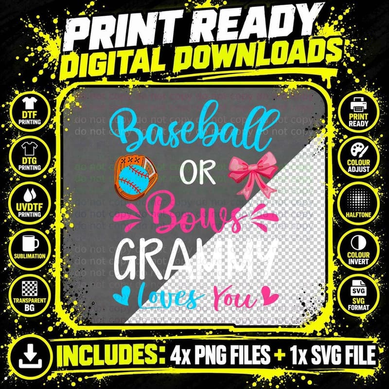Baseball or Bows Gender Reveal Party Grammy Loves You Png SVG Digital Bundle