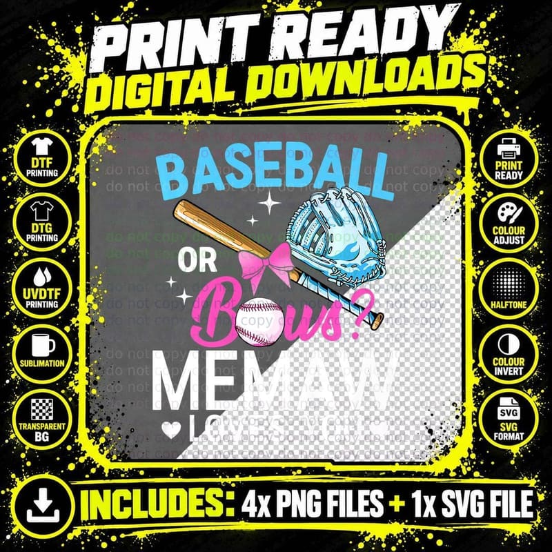 Baseball or Bows Memaw Loves You Gender Reveal Pink Blue Png SVG Digital Bundle
