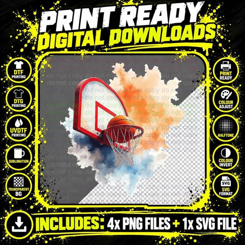 Basketball Hoop Net Ball Orange Watercolor Splash Court Png SVG Digital Bundle