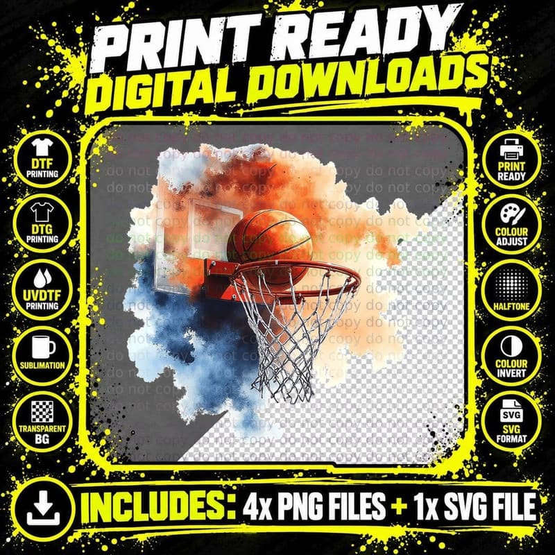 Basketball Hoop Watercolor Art Slam Dunk Player Gift Png SVG Digital Bundle