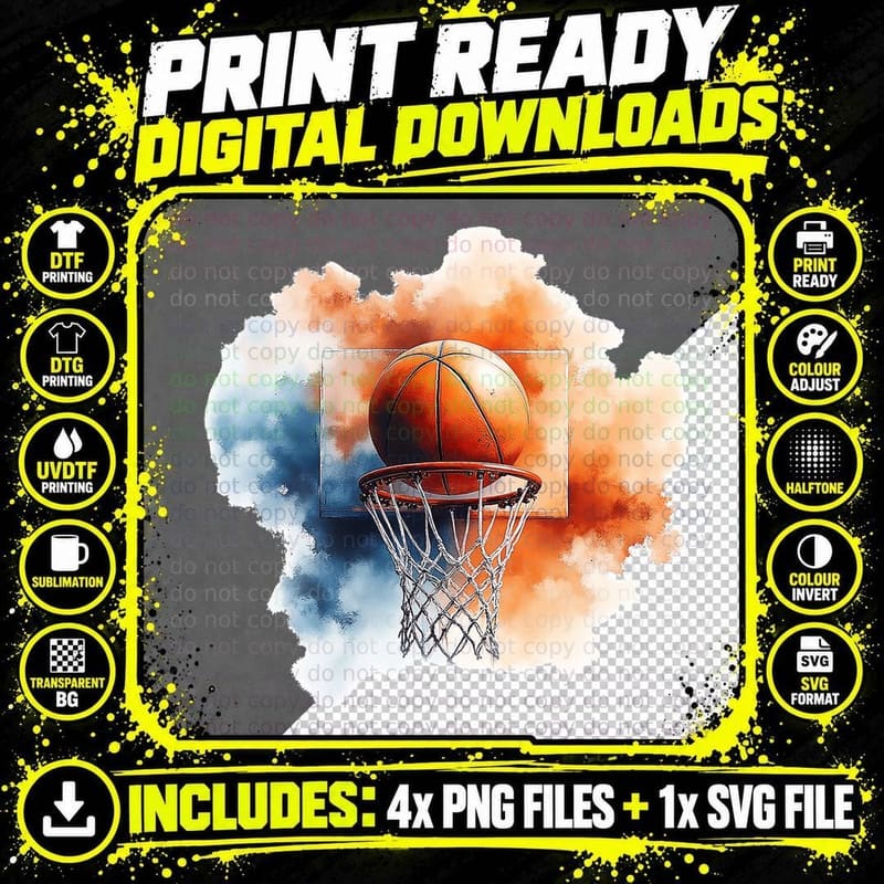 Basketball in Hoop Net Game Day Sports Fan Dad Youth Png SVG Digital Bundle