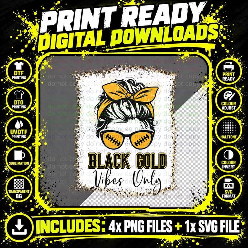 Black Gold Vibes Only Football Shirt Women Leopard Png SVG Digital Bundle