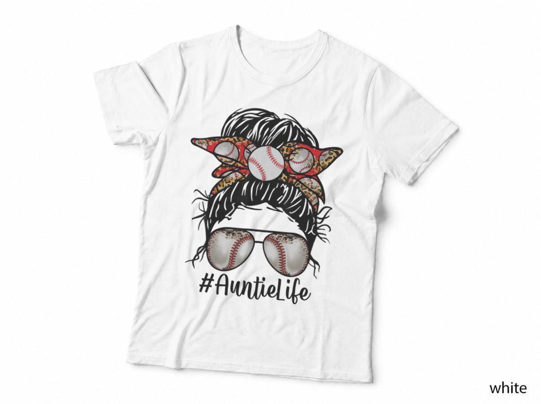Bleached Baseball Auntie Life Messy Bun Game Day Mothers Day T-Shirt