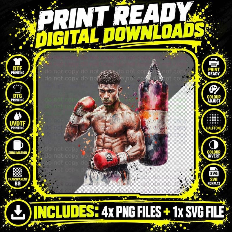 Boxer Training with Punching Bag Fitness Fighter Sports Png SVG Digital Bundle
