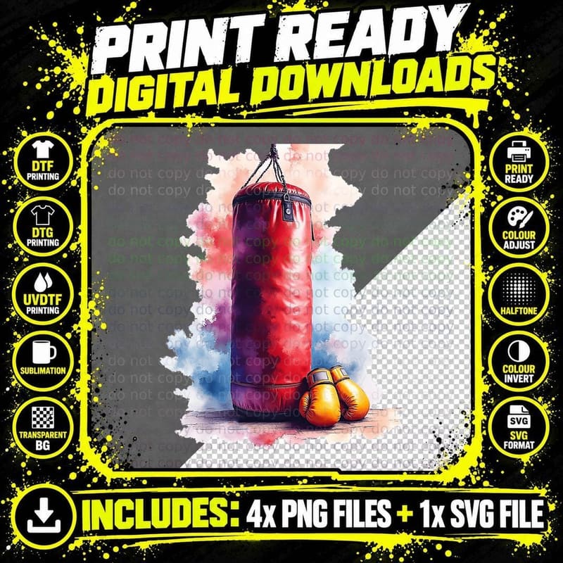 Boxing Gloves and Punching Bag Gym Training Art T-Shirt Png SVG Digital Bundle