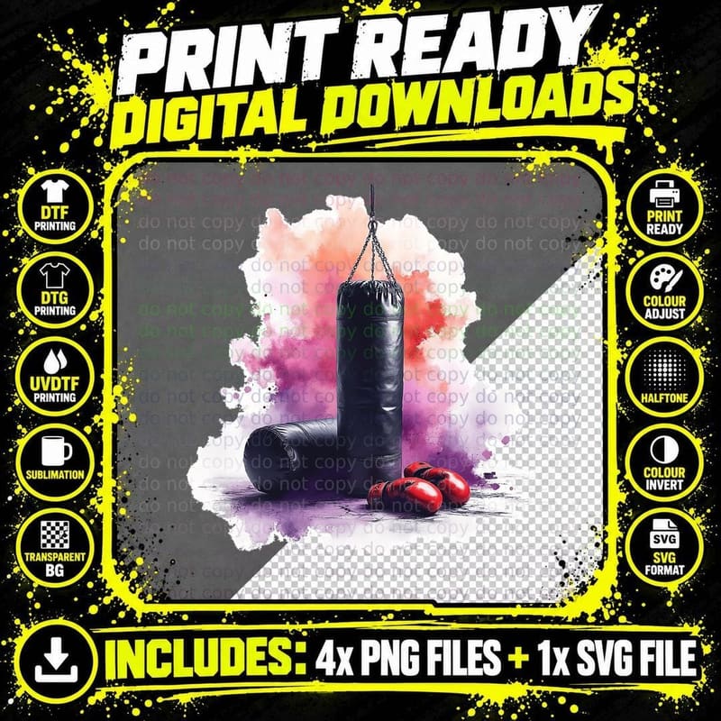 Boxing Gym Punching Bag with Gloves Power Art T-Shirt Png SVG Digital Bundle