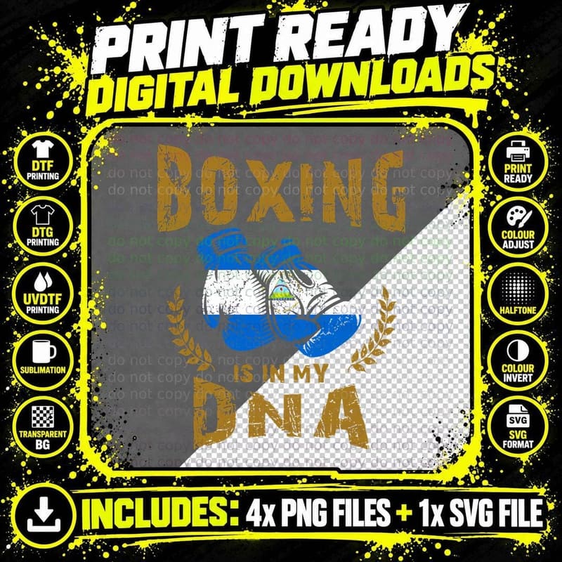 Boxing Is in My D-N-A Nicaragua Flag Boxing Gloves Png SVG Digital Bundle