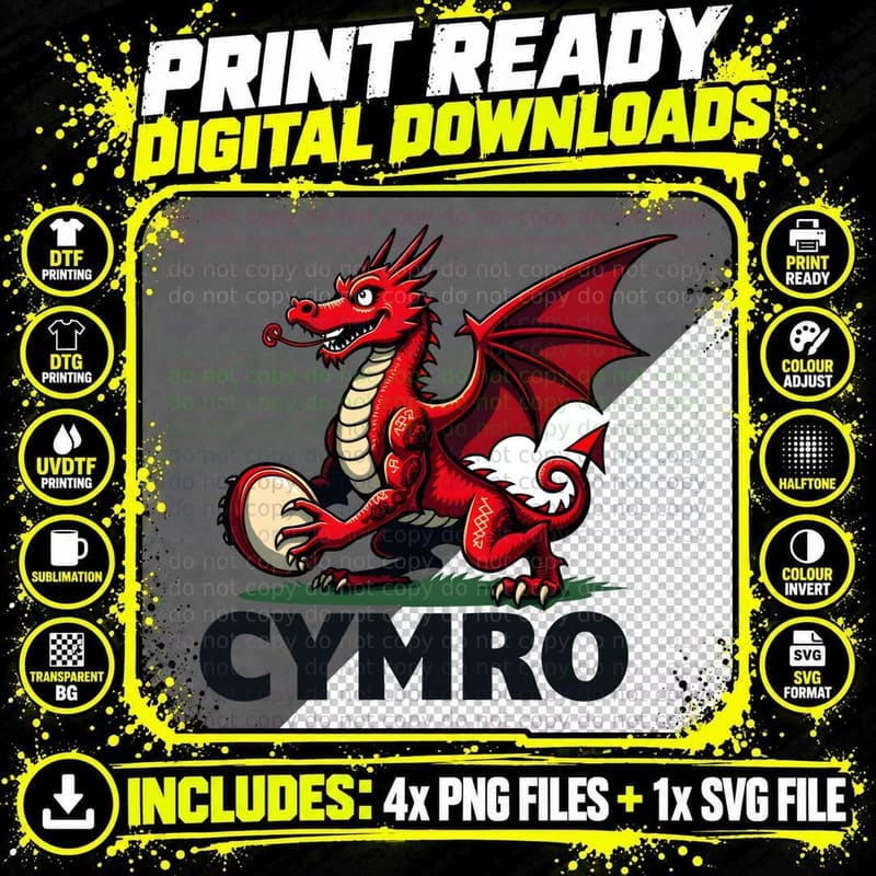 CYMRO Welsh Rugby Dragon Cartoon Tattoo Art T-Shirt Png SVG Digital Bundle