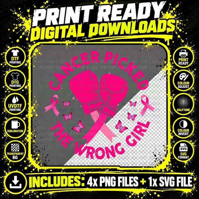 Cancer Picked Wrong Girl Breast Cancer Boxing Gloves Png SVG Digital Bundle