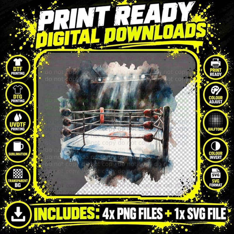 Distressed Boxing Ring Watercolor Graphic Fighting Fan Png SVG Digital Bundle