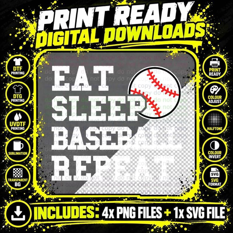 Eat Sleep Baseball Repeat - Baseball Lover Themed T-Shirt Png SVG Digital Bundle