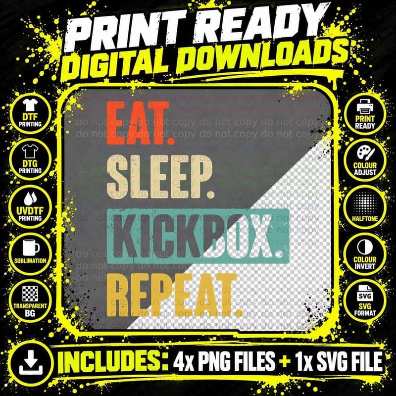 Eat Sleep Kickbox Repeat Retro Kickboxing Boxing Gift Png SVG Digital Bundle