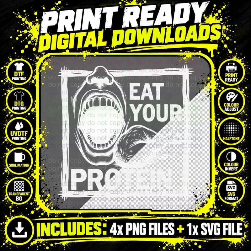 Eat Your Protein Bold Black and White Illustration Gym Png SVG Digital Bundle