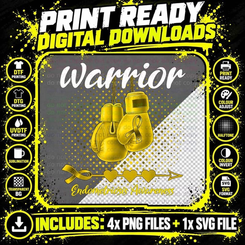 Endometriosis Awareness Yellow Ribbon Boxing Gloves Png SVG Digital Bundle