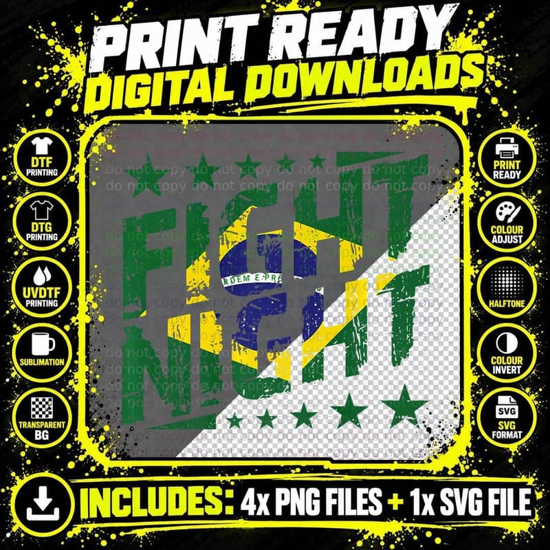 Fight Night with Brazil Flaga MMA or Boxing Fan Themed Png SVG Digital Bundle
