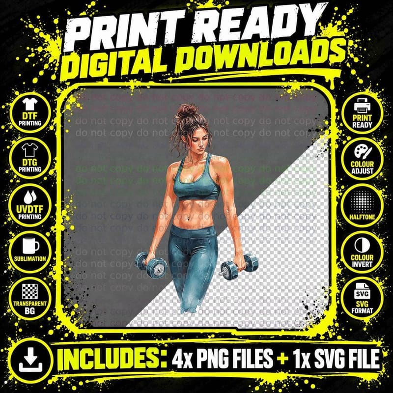 Fit Woman Strength Training with Dumbbells Gym Art Png SVG Digital Bundle