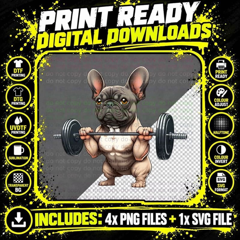 Funny French Bulldog Bodybuilding Gym Frenchie Png SVG Digital Bundle