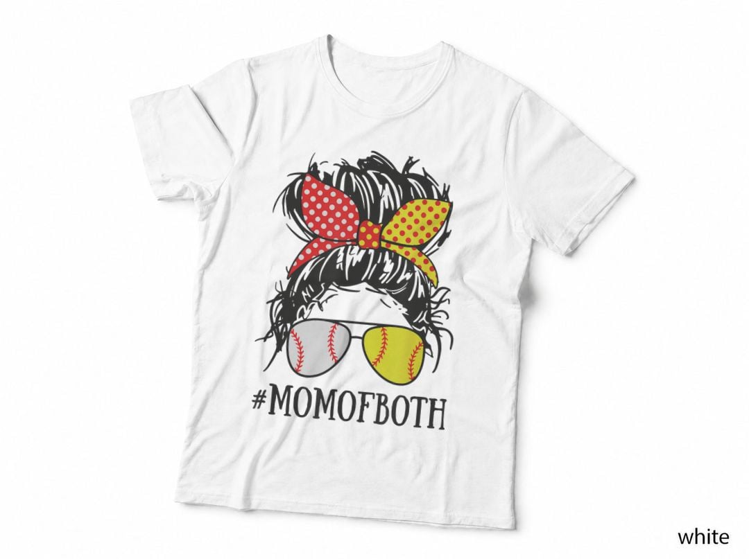 Funny Mom of Both Baseball Mom Softball Mom Messy Bun T-Shirt