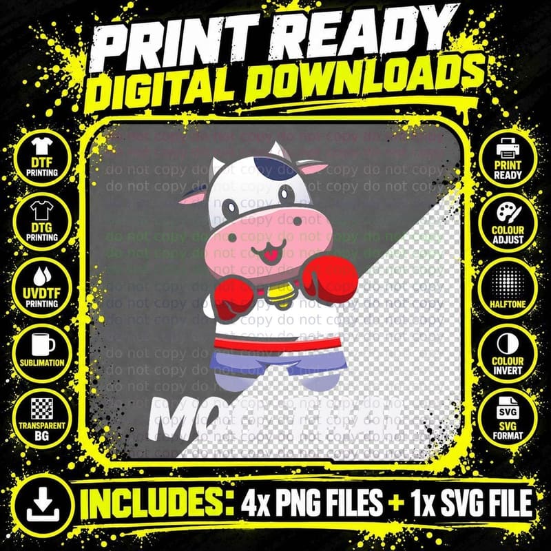 Funny Muay Thai Cow Fighter MMA Martial Arts Kickboxing Png SVG Digital Bundle