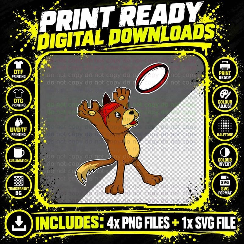 Funny Rugby Player Dog Catches Rugby Ball Costume T-Shirt Png SVG Digital Bundle