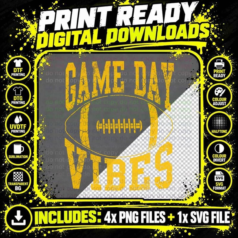 Game Day Vibes Yellow Football Vintage Distressed Png SVG Digital Bundle