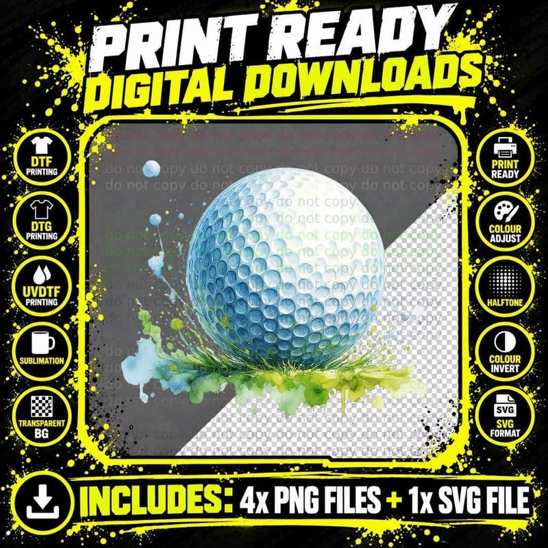 Golf Ball on Grass Sports Watercolor Splash Artwork Png SVG Digital Bundle