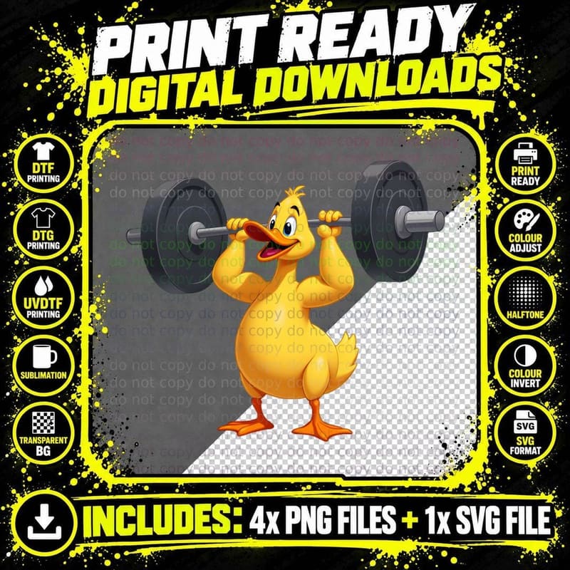 Gym Duck Lifting Barbell Intense Workout Effort Yellow Png SVG Digital Bundle