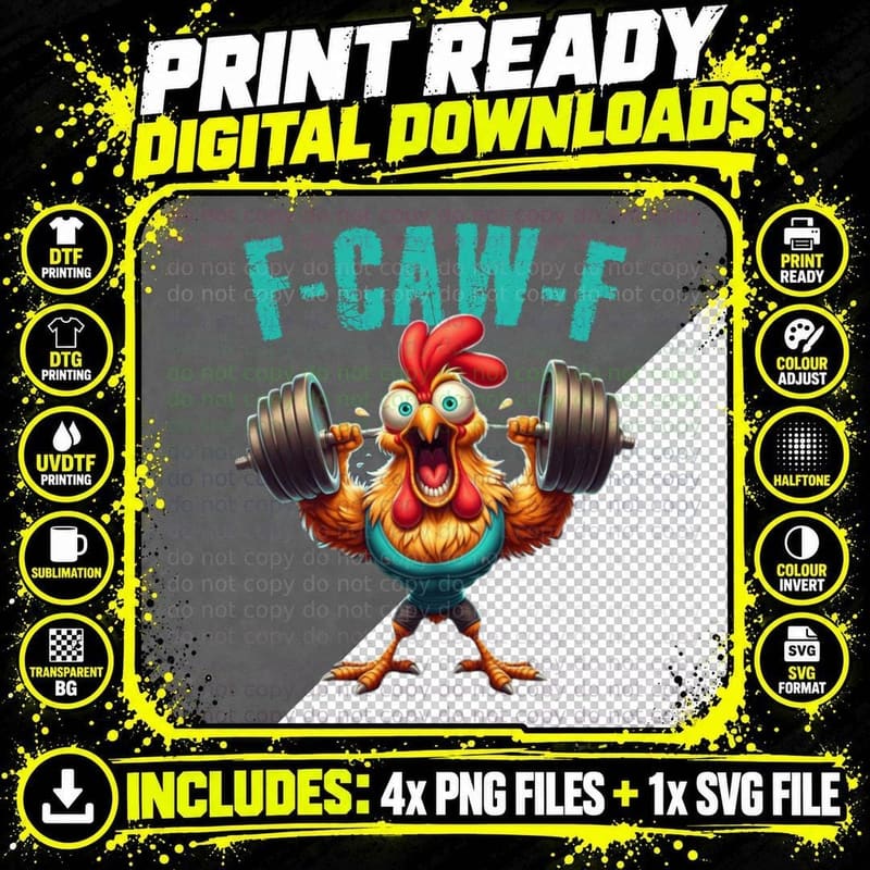 Gym F-CAW-F Funny Chicken Scream Fitness Humor Gift Png SVG Digital Bundle