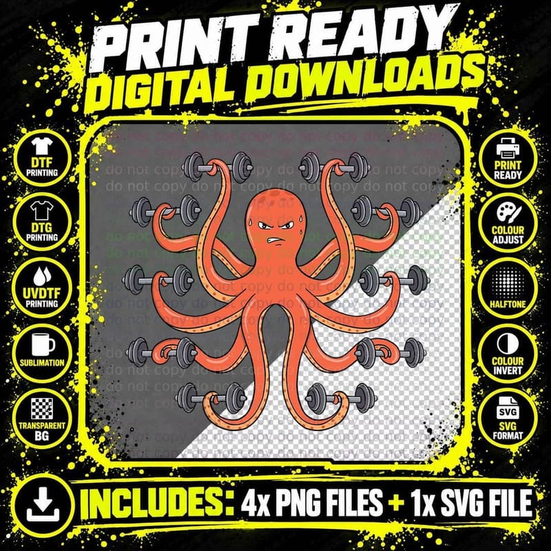 Gym Funny Octopus T-Shirt Png SVG Digital Bundle
