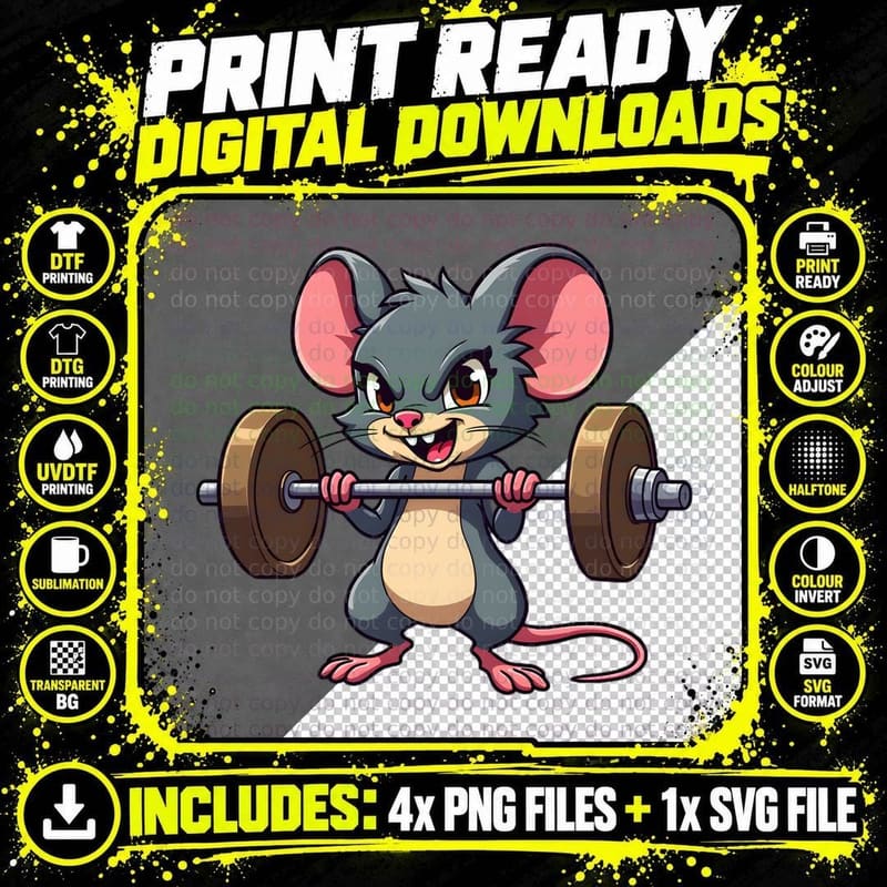 Gym Mouse Lifting Barbell Strong Fierce Expression Gray Png SVG Digital Bundle