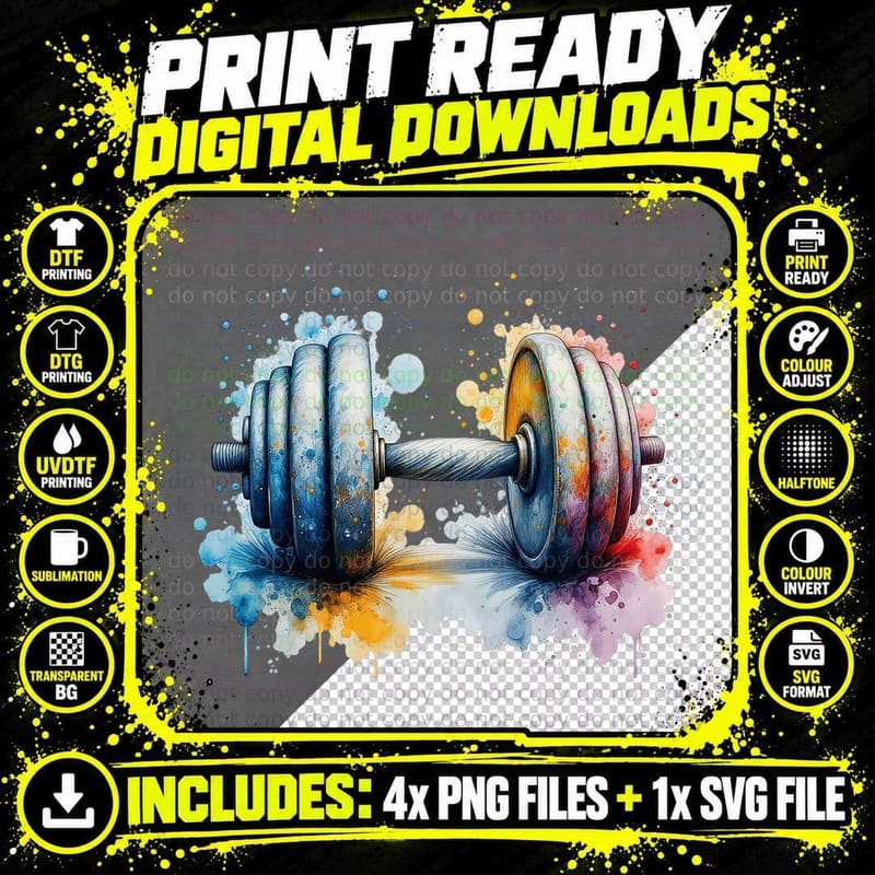 Heavy Dumbbell Weight Lifting Gym Workout Fitness Png SVG Digital Bundle