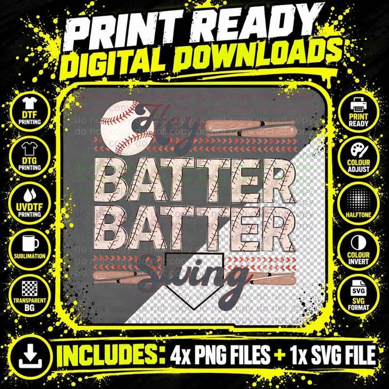 Hey Batter Swing Baseball Mom Baseball Season T-Shirt Png SVG Digital Bundle