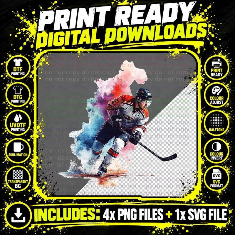 Ice Hockey Player Action Sports Dynamic Art T-Shirt Png SVG Digital Bundle