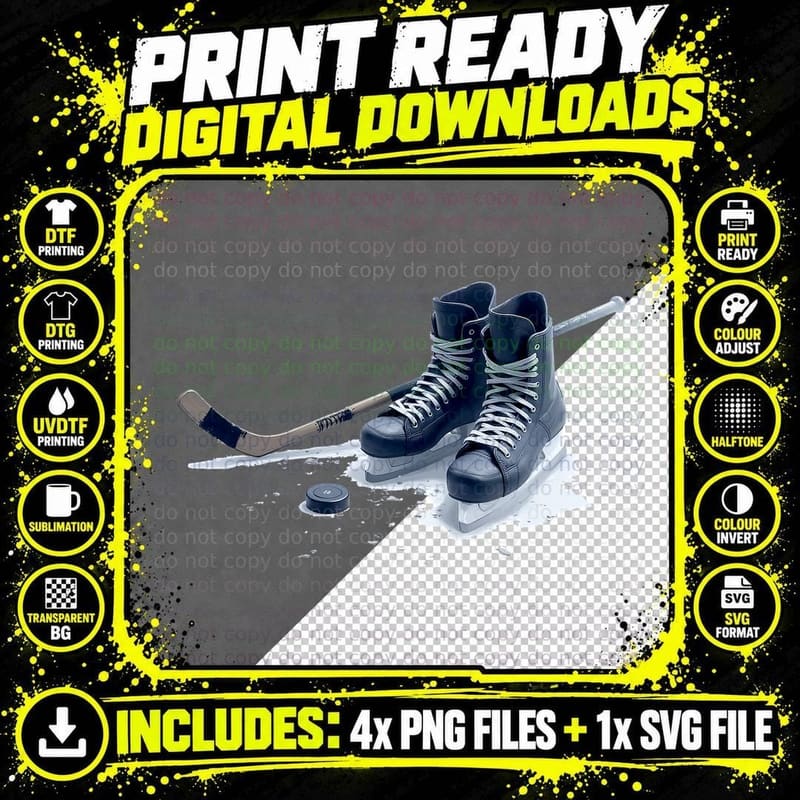 Ice Hockey Skates Stick and Puck Sports Equipment T-Shirt Png SVG Digital Bundle