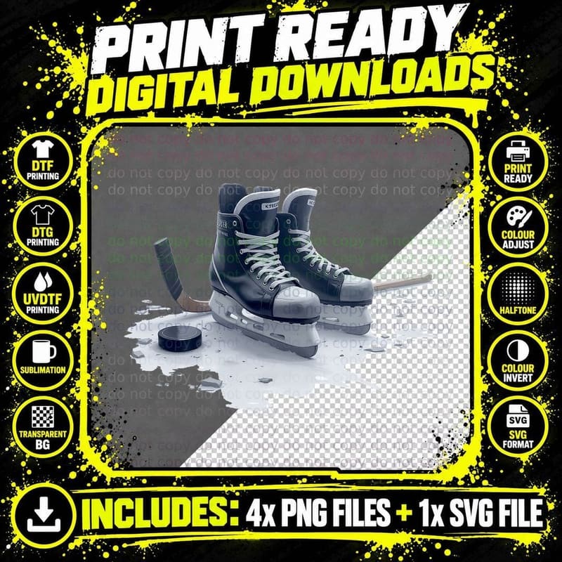 Ice Hockey Skates Stick and Puck Sports T-Shirt Png SVG Digital Bundle