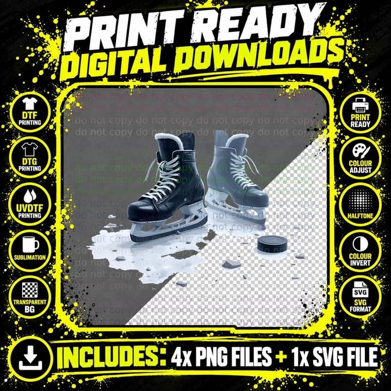 Ice Hockey Skates and Puck Game Day Winter Sports Fan Png SVG Digital Bundle