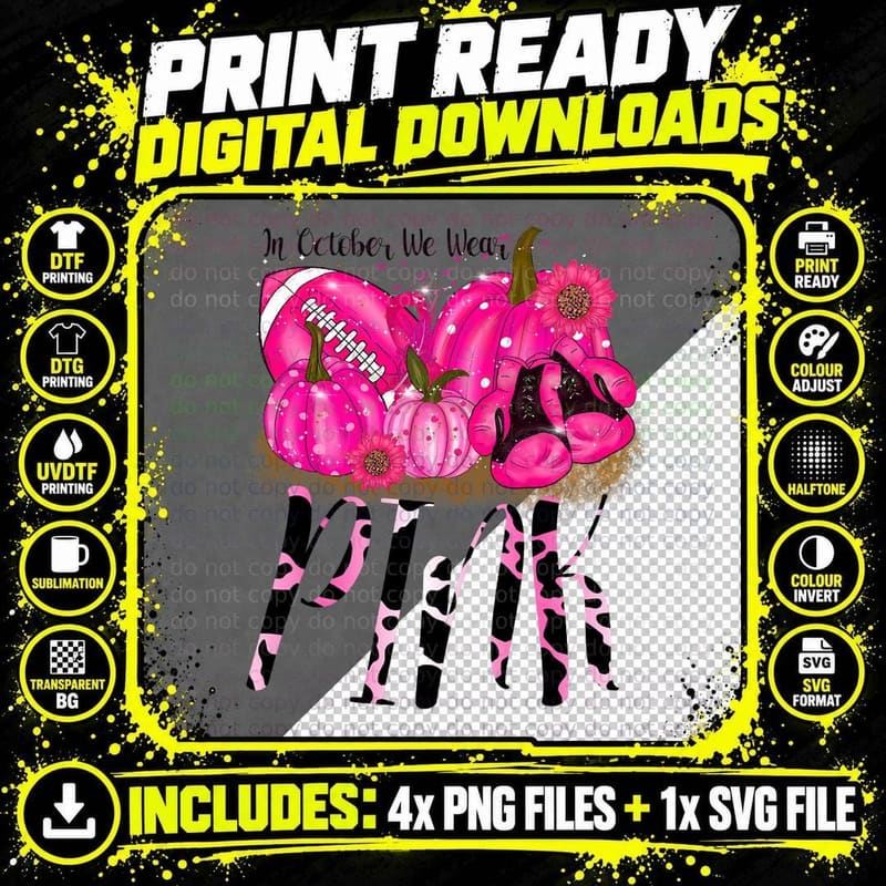 In October We Wear Pink Football Boxing Breast Cancer Png SVG Digital Bundle