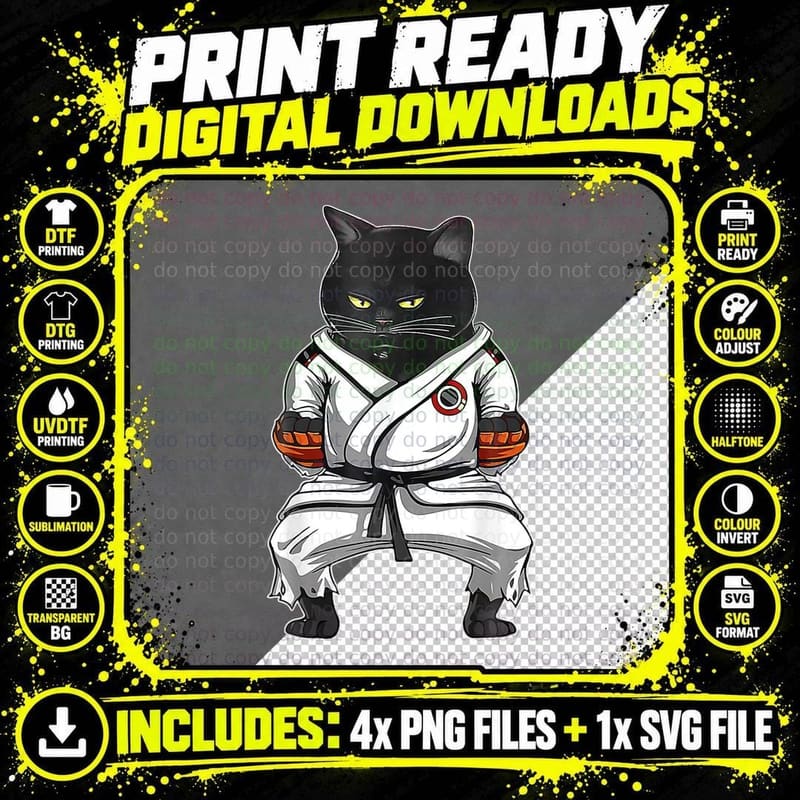 Karate Martial Arts Aekwondo Cute Black Cat Fighter Png SVG Digital Bundle
