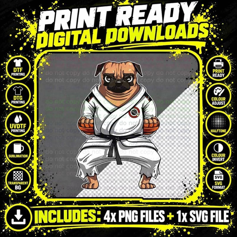 Karate Martial Arts Taekwondo Cute Pug Dog Fighter White Png SVG Digital Bundle