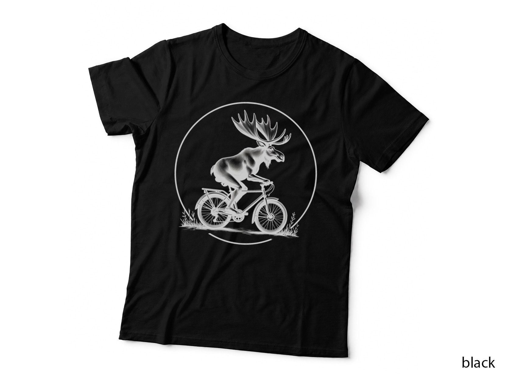 Moose Riding Bicycle Humorous Animal Cycling Black Line Art Sketch T-Shirt