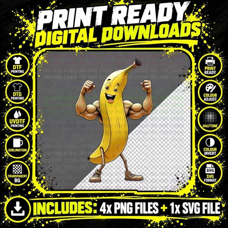 Muscle Banana Cartoon Leg Day, Funny Gym, Fitness Png SVG Digital Bundle