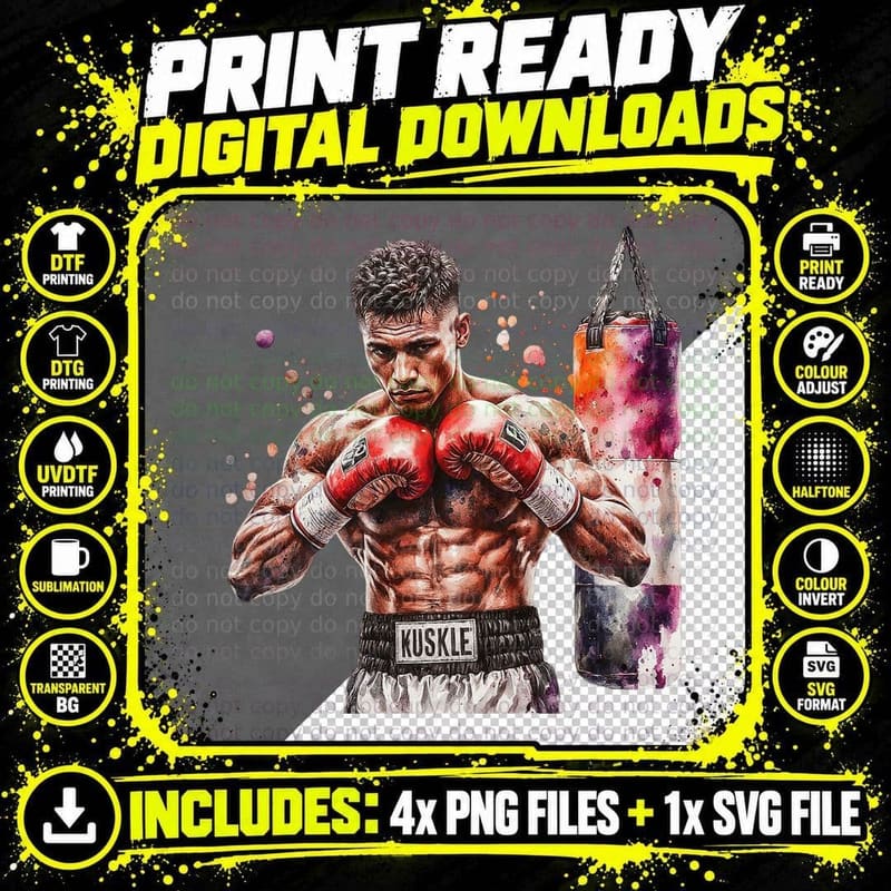 Muscular Boxer Fighter with Punching Bag Gym Workout Png SVG Digital Bundle