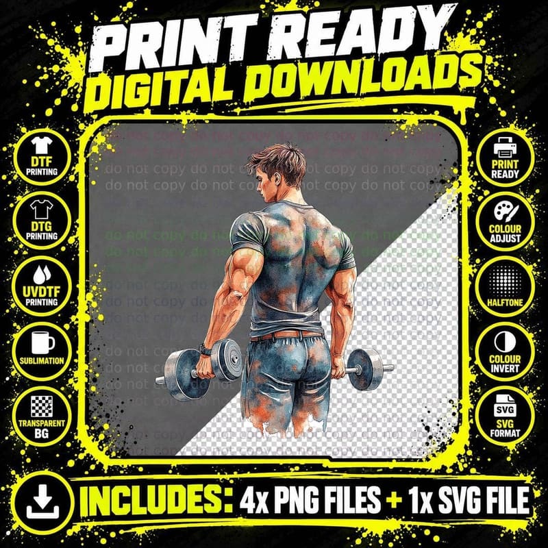 Muscular Man Lifting Weights Gym Fitness Bodybuilding Png SVG Digital Bundle