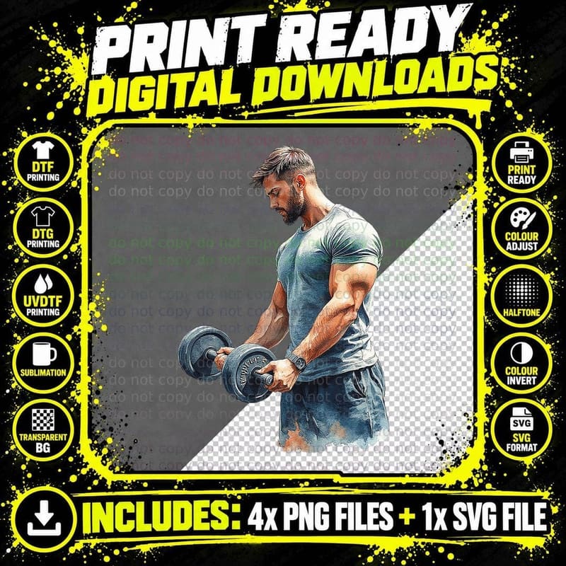 Muscular Man Lifting Weights Gym Fitness Bodybuilding Png SVG Digital Bundle