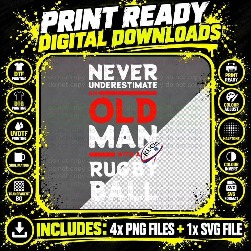 Never Underestimate an Old Man Rugby Funny Ball Sport Png SVG Digital Bundle