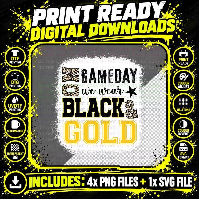 On Gameday Football We Wear Gold and Black Leopard Print Png SVG Digital Bundle