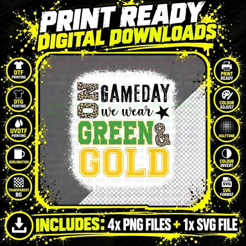 On Gameday Football We Wear Green and Gold Leopard Print Png SVG Digital Bundle