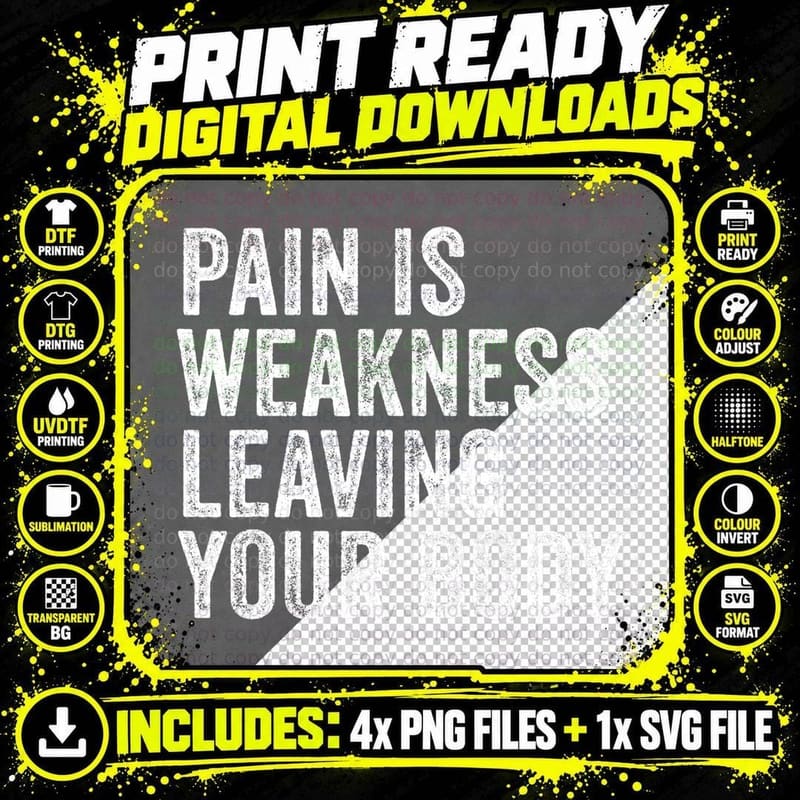 Pain Is Weakness Leaving Your Body Funny Workout Gym Png SVG Digital Bundle
