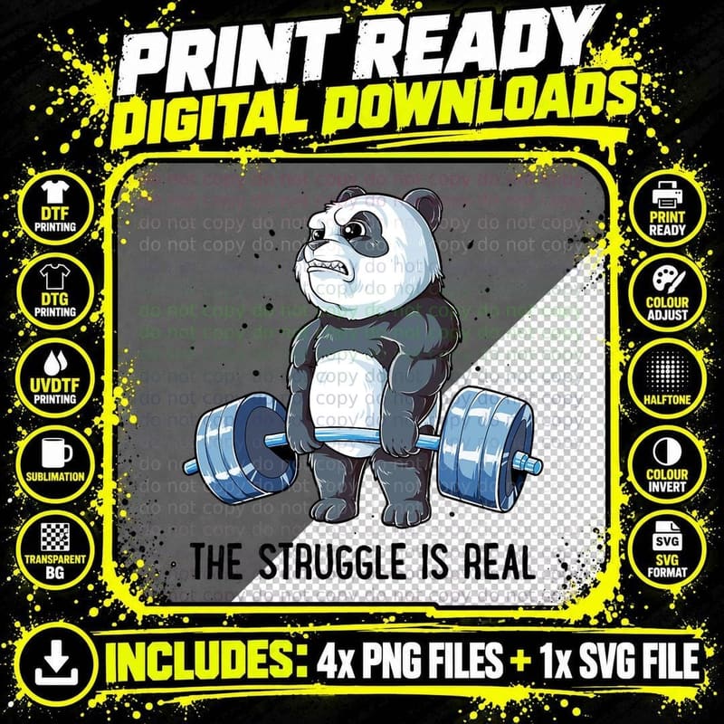Panda the Struggle Is Real Weightlifting Fitness Gym Png SVG Digital Bundle